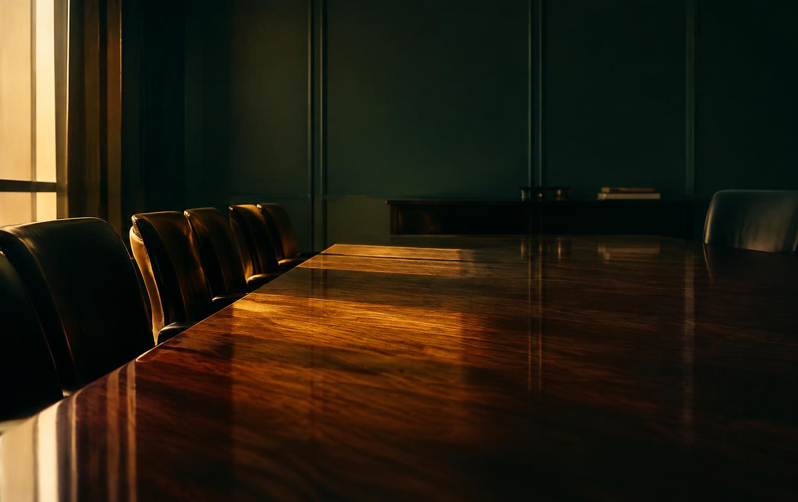 An empty boardroom table in warm evening light